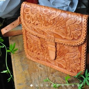 Vintage tooled leather crossbody bag